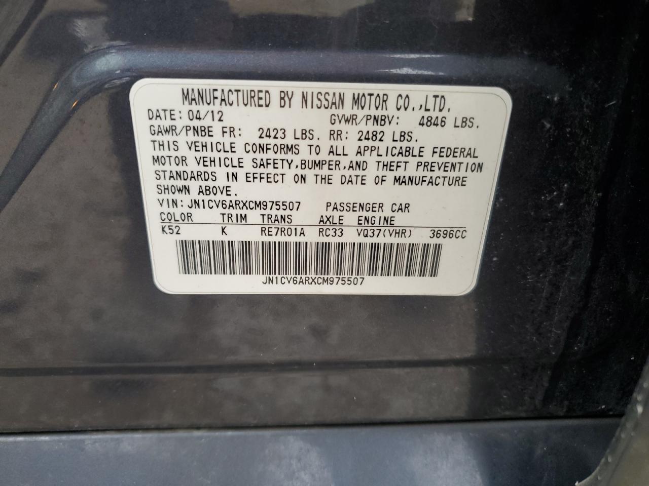 2012 Infiniti G VIN JN1CV6ARXCM975507 Copart auction photo, front end damage thumbnail 12