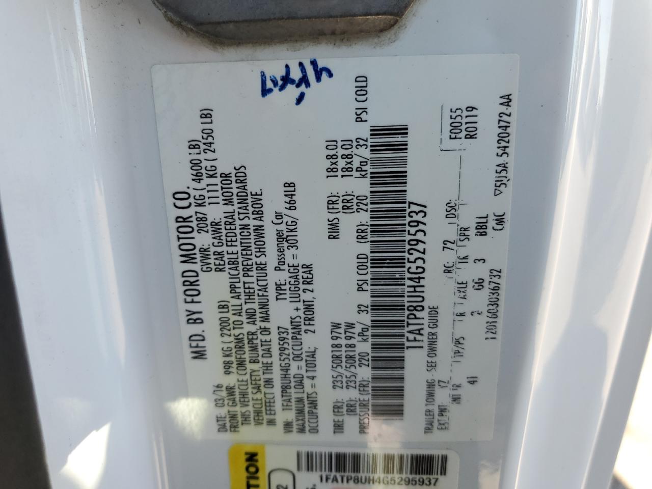 2016 Ford Mustang VIN 1FATP8UH4G5295937 Copart auction photo, mechanical damage thumbnail 12