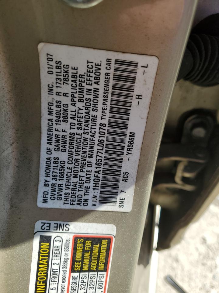 2007 Honda Civic VIN 1HGFA16577L061078 Copart auction photo, rear end damage thumbnail 13
