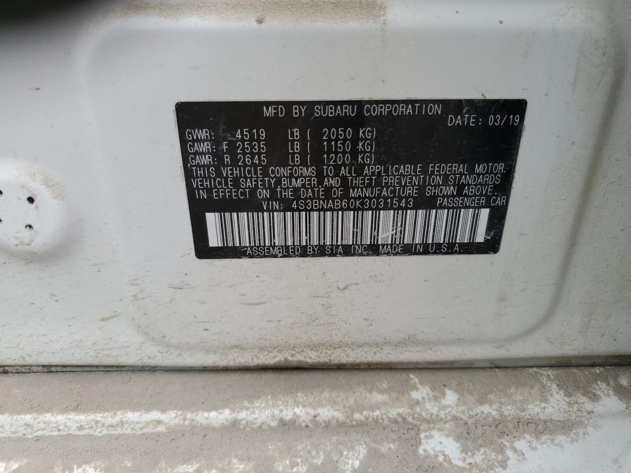 2019 Subaru Legacy VIN 4S3BNAB60K3031543 Copart auction photo, front end / side damage thumbnail 13
