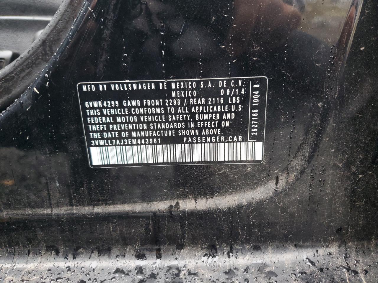 2014 Volkswagen Jetta VIN 3VWLL7AJ3EM443961 Copart auction photo, rear end damage thumbnail 12