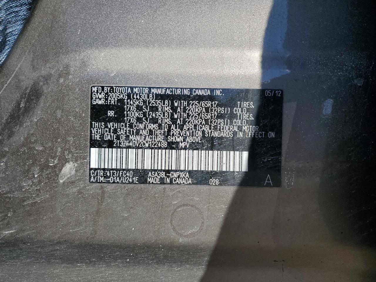 2012 Toyota RAV 4 VIN 2T3ZF4DV2CW122488 Copart auction photo, rear end damage thumbnail 13