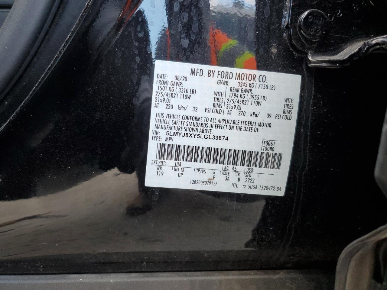 2020 Lincoln Aviator VIN 5LMYJ8XY5LGL33874 Copart auction photo, front end / side damage thumbnail 13