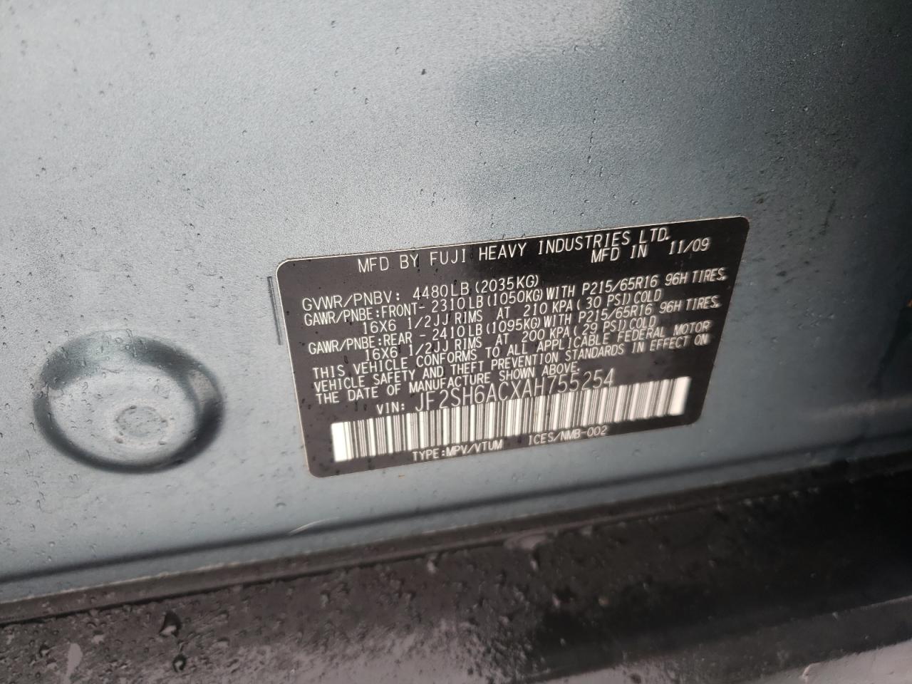 2010 Subaru Forester VIN JF2SH6ACXAH755254 Copart auction photo, rear end / side damage thumbnail 12