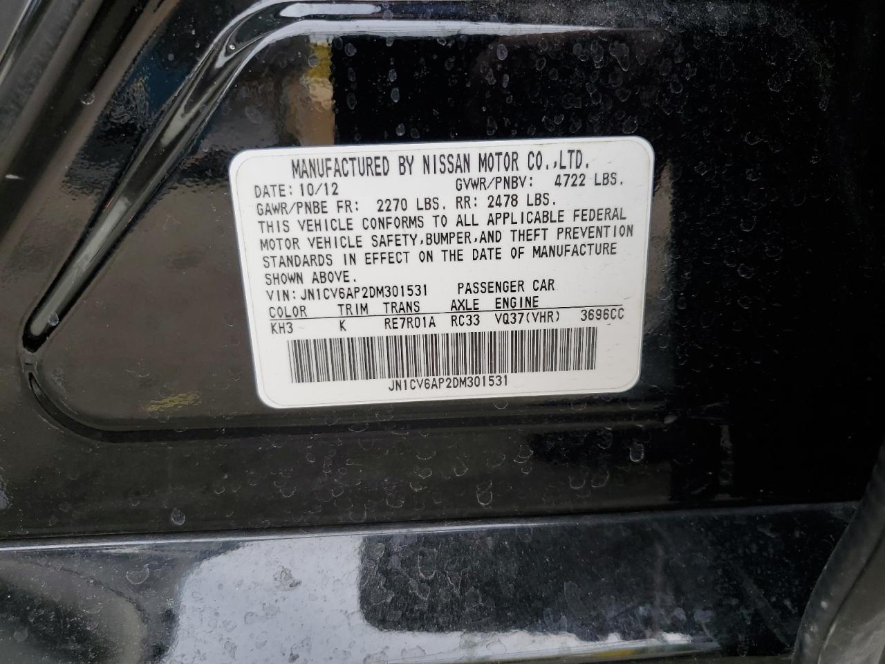 2013 Infiniti G VIN JN1CV6AP2DM301531 Copart auction photo, front end damage thumbnail 14