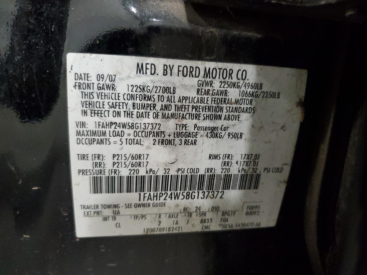 2008 Ford Taurus VIN 1FAHP24W58G137372 Copart auction photo, front end / side damage thumbnail 13