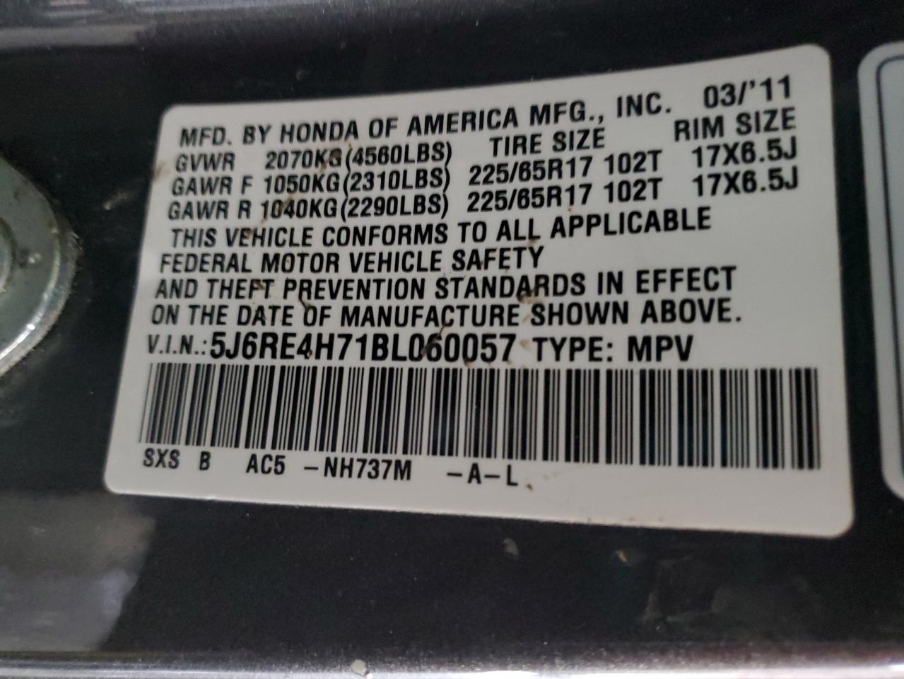 2011 Honda CR-V VIN 5J6RE4H71BL060057 Copart auction photo, front end / hail damage thumbnail 13