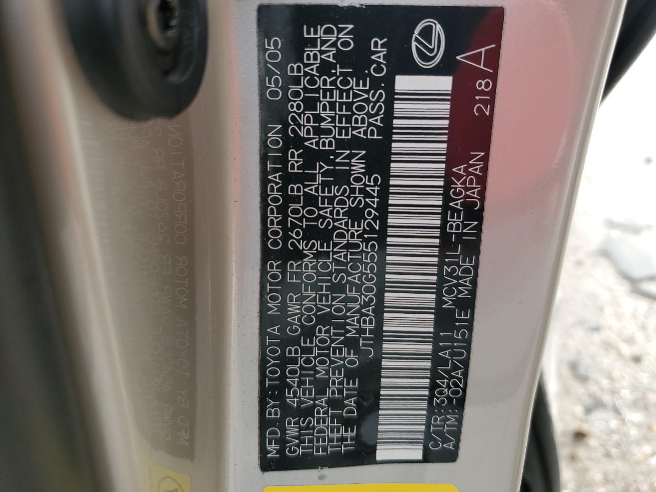 2005 Lexus ES VIN JTHBA30G555129445 Copart auction photo, all over / undercarriage damage thumbnail 14