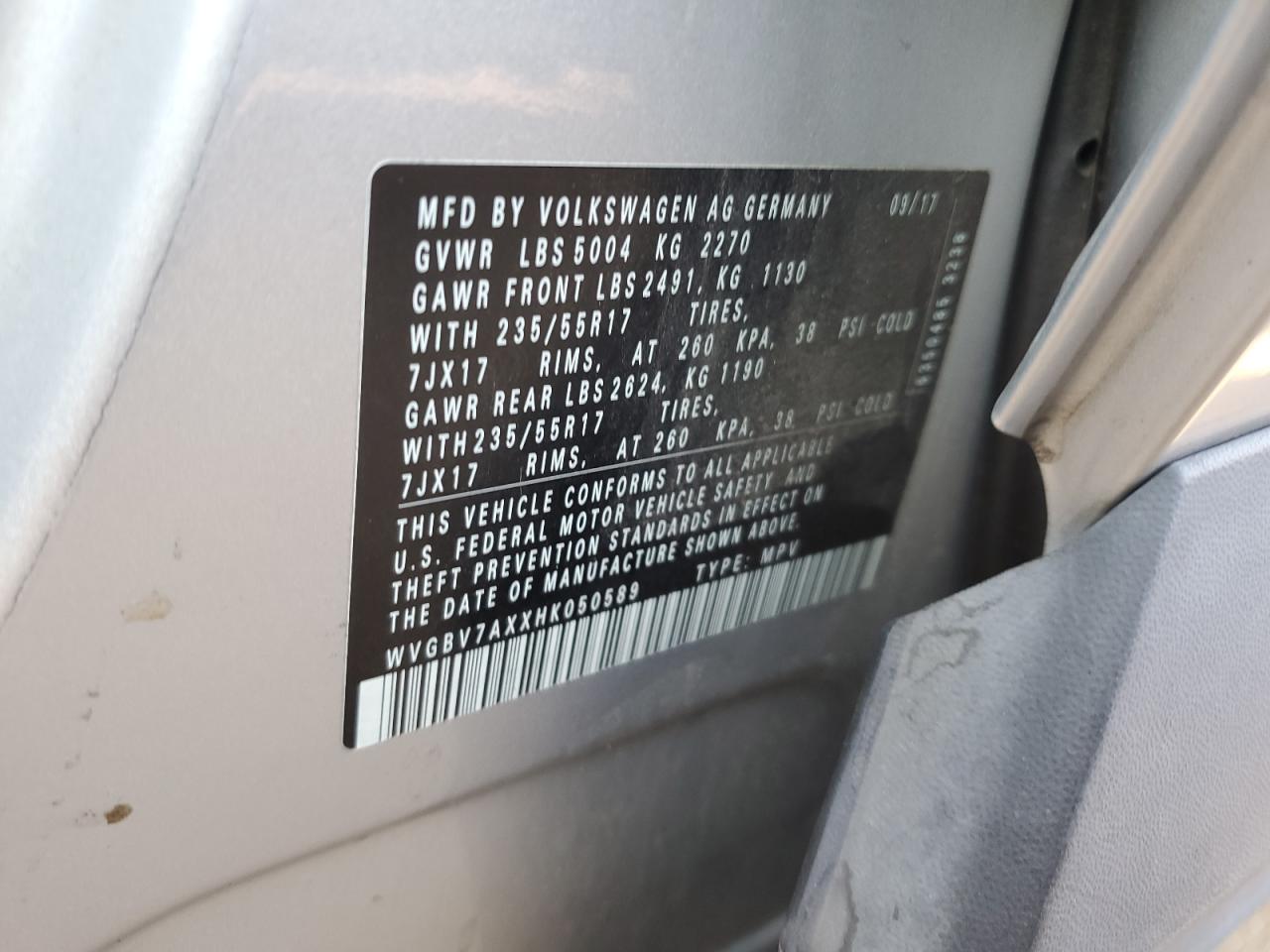2017 Volkswagen Tiguan VIN WVGBV7AXXHK050589 Copart auction photo, side damage thumbnail 13