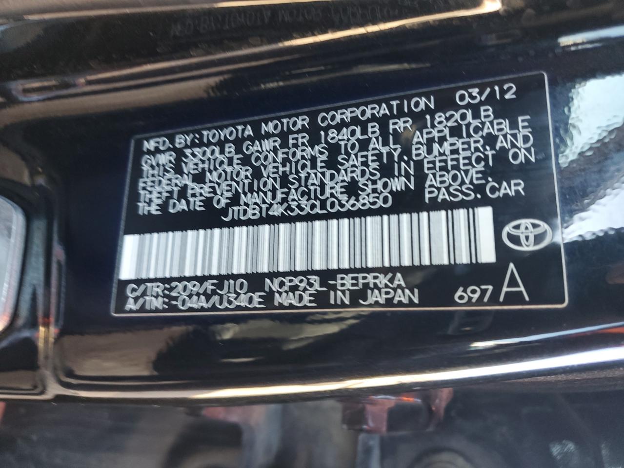 2012 Toyota Yaris VIN JTDBT4K33CL036850 Copart auction photo, front end / side damage thumbnail 12