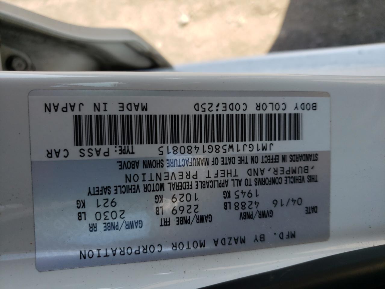 2016 Mazda 6 VIN JM1GJ1W58G1480815 Copart auction photo, front end damage thumbnail 12