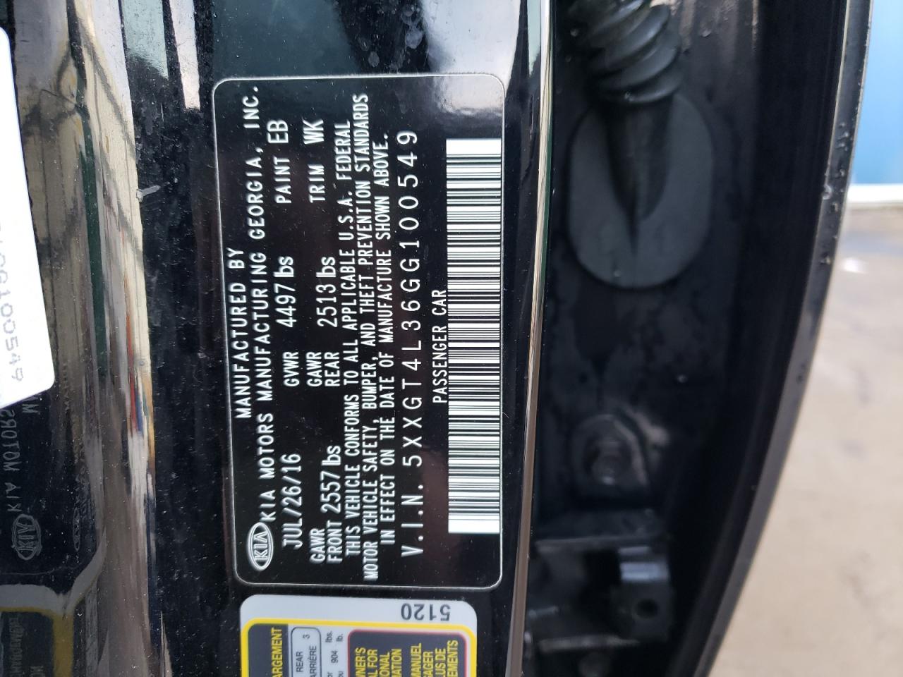2016 KIA Optima VIN 5XXGT4L36GG100549 Copart auction photo, front end damage thumbnail 12