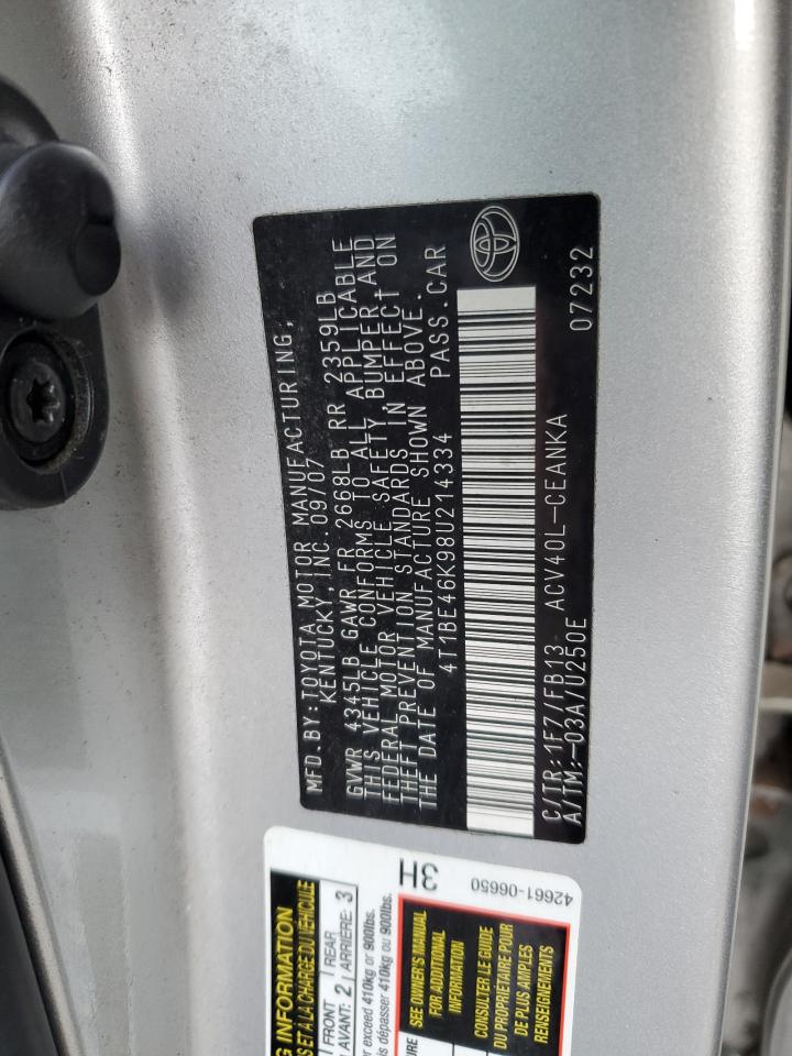 2008 Toyota Camry VIN 4T1BE46K98U214334 Copart auction photo, rear end damage thumbnail 12