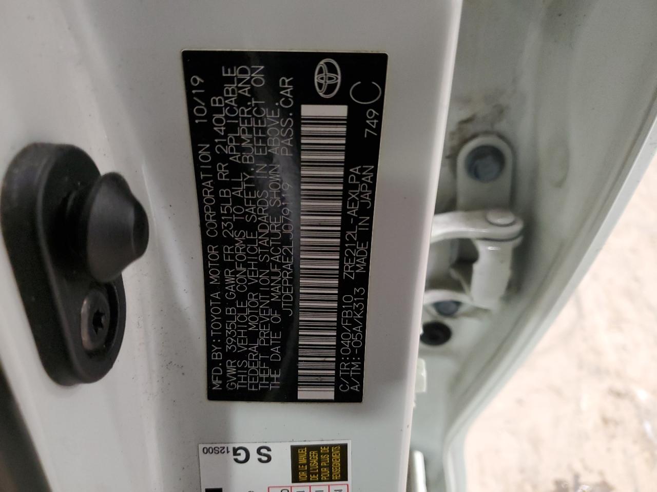 2020 Toyota Corolla VIN JTDEPRAE2LJ079119 Copart auction photo, front end damage thumbnail 12