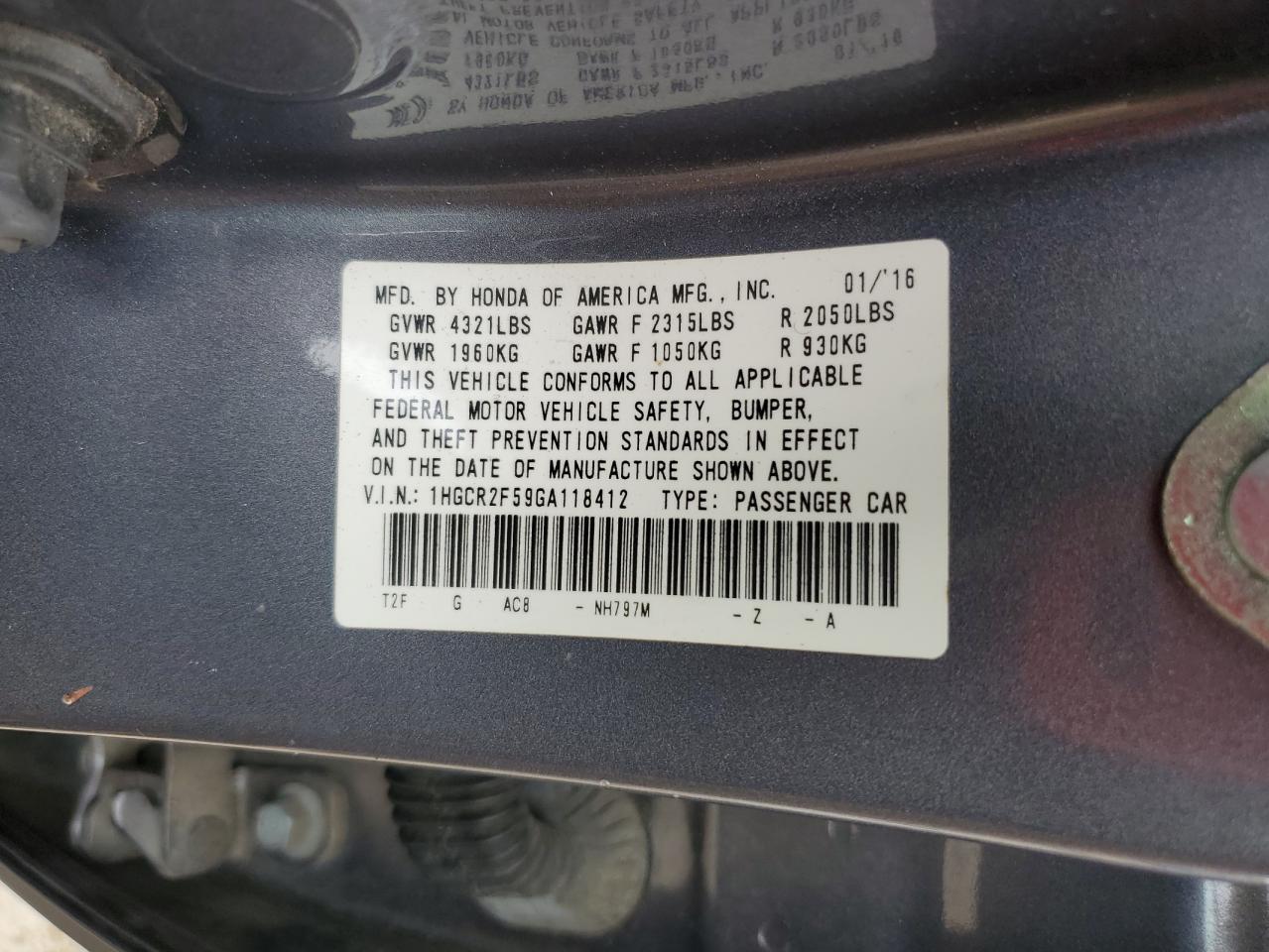 2016 Honda Accord VIN 1HGCR2F59GA118412 Copart auction photo, front end / minor dent/scratches damage thumbnail 14