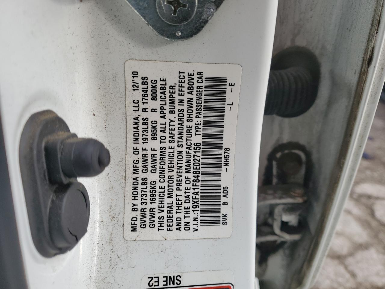 2011 Honda Civic VIN 19XFA1F84BE027156 Copart auction photo, front end / side damage thumbnail 13