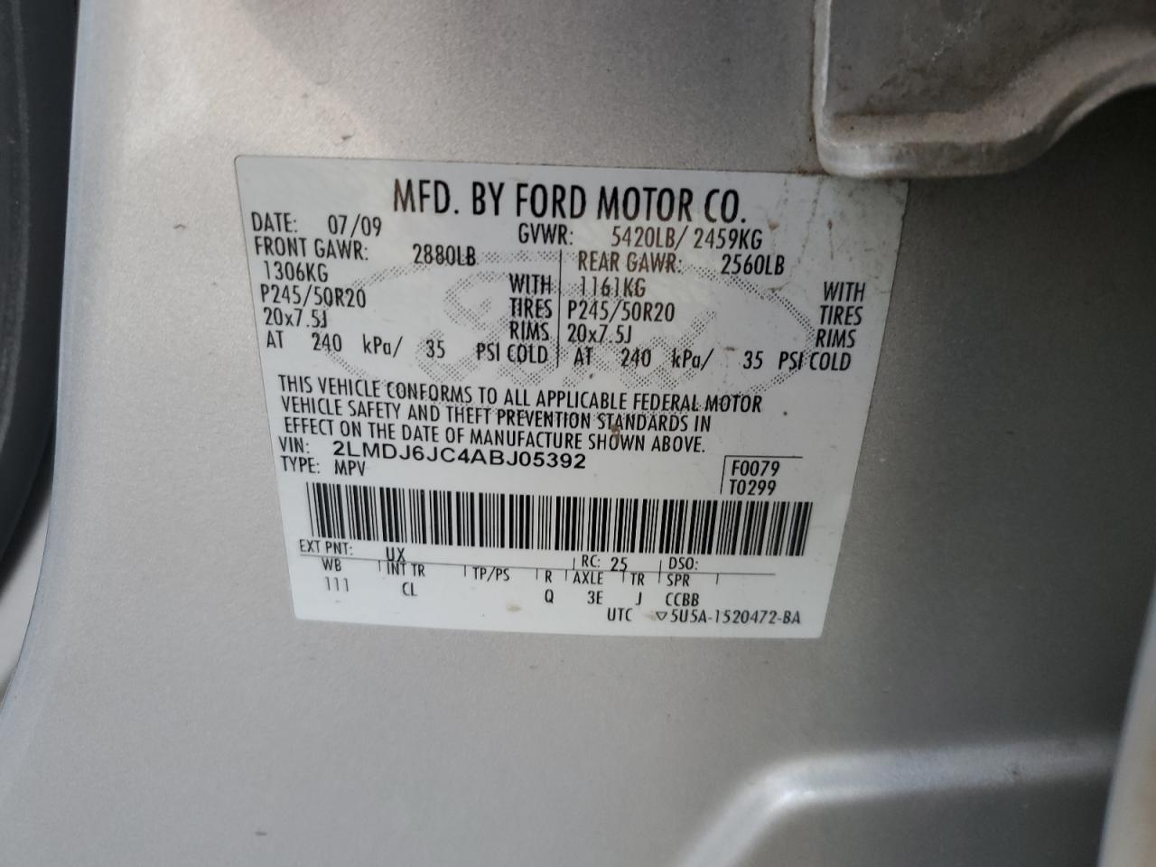 2010 Lincoln MKX VIN 2LMDJ6JC4ABJ05392 Copart auction photo, minor dent/scratches damage thumbnail 13