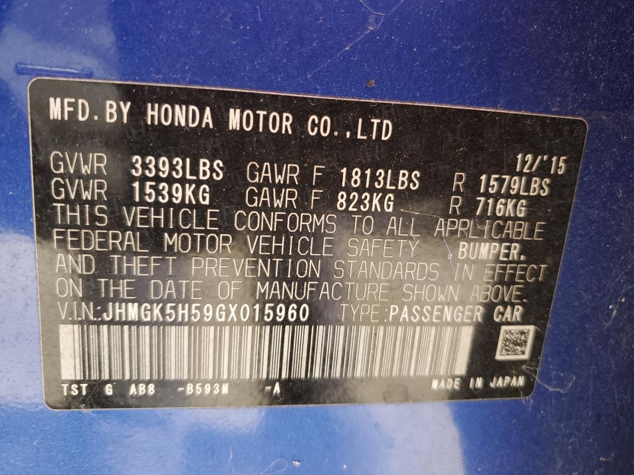 2016 Honda Fit VIN JHMGK5H59GX015960 Copart auction photo, front end damage thumbnail 14