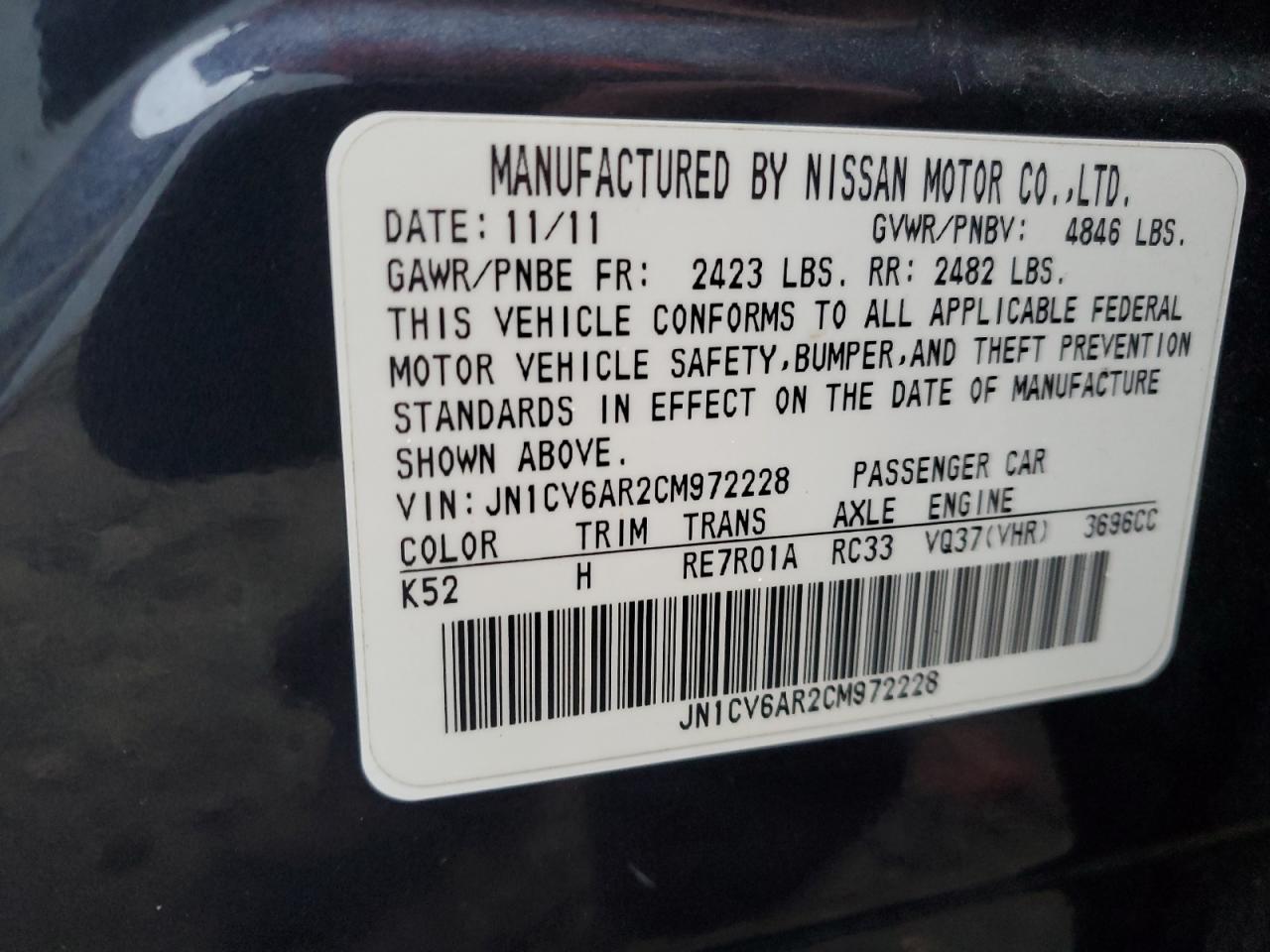 2012 Infiniti G VIN JN1CV6AR2CM972228 Copart auction photo, minor dent/scratches damage thumbnail 12