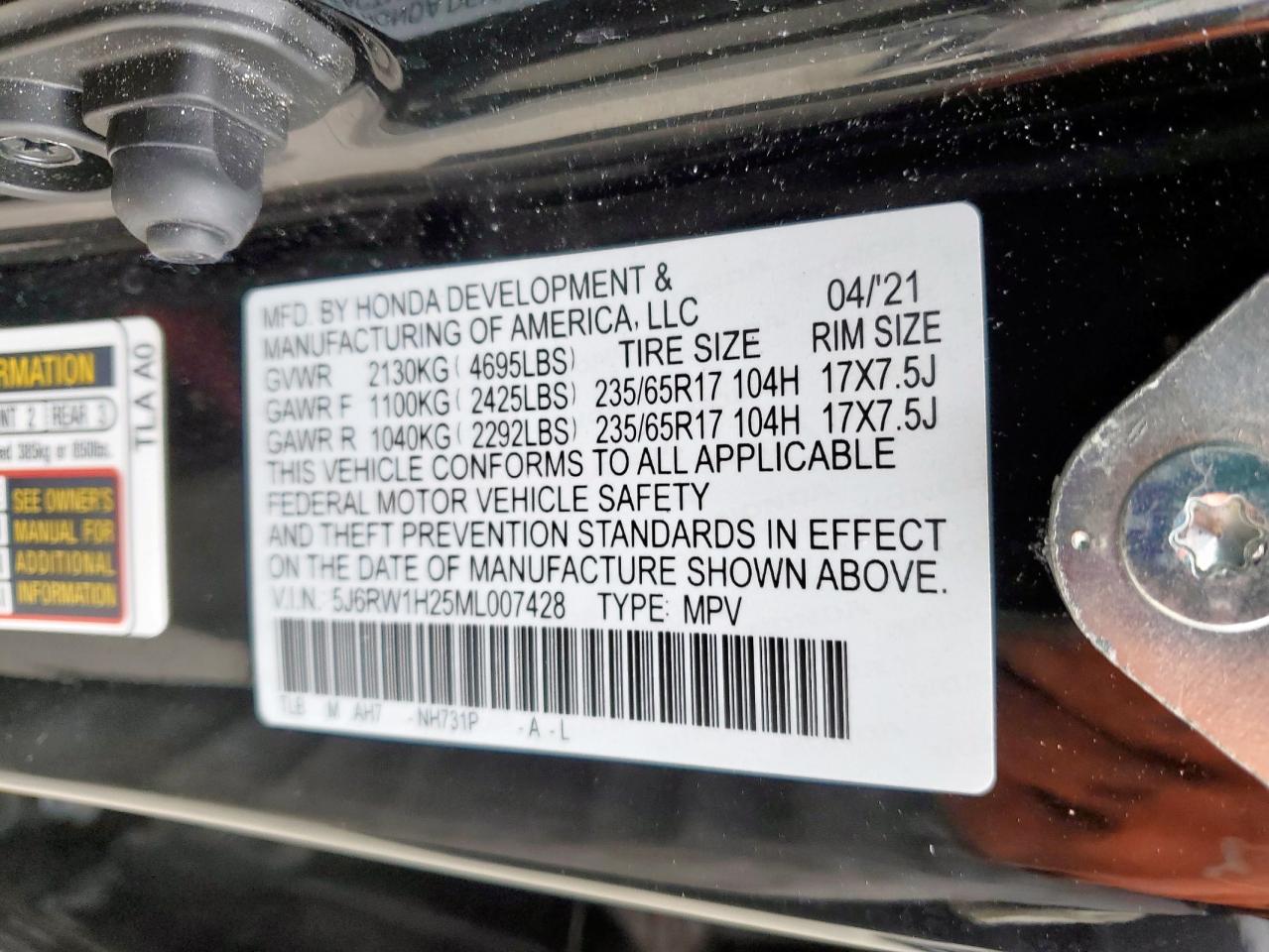 2021 Honda CR-V VIN 5J6RW1H25ML007428 Copart auction photo, rear end damage thumbnail 13