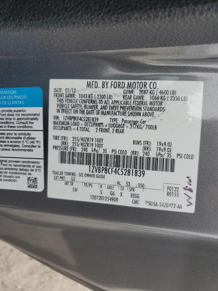 2012 Ford Mustang VIN 1ZVBP8CF4C5281839 Copart auction photo, water/flood damage thumbnail 14