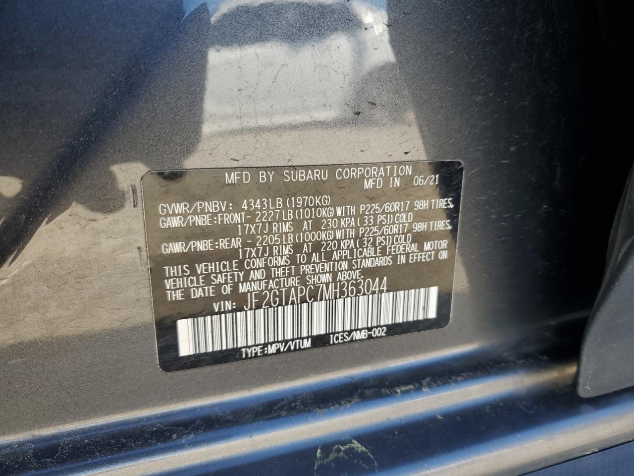 2021 Subaru XV VIN JF2GTAPC7MH363044 Copart auction photo, rear end damage thumbnail 14