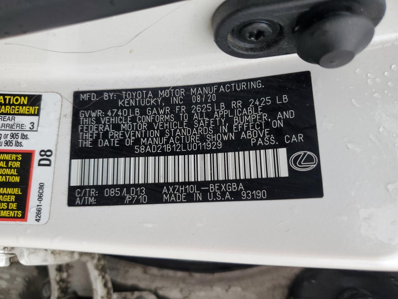 2020 Lexus ES VIN 58AD21B12LU011929 Copart auction photo, rear end damage thumbnail 12