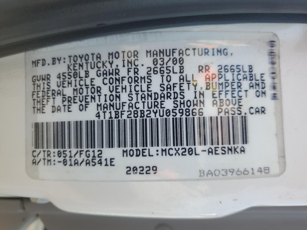 2000 Toyota Avalon VIN 4T1BF28B2YU059866 Copart auction photo, front end / rear end damage thumbnail 14