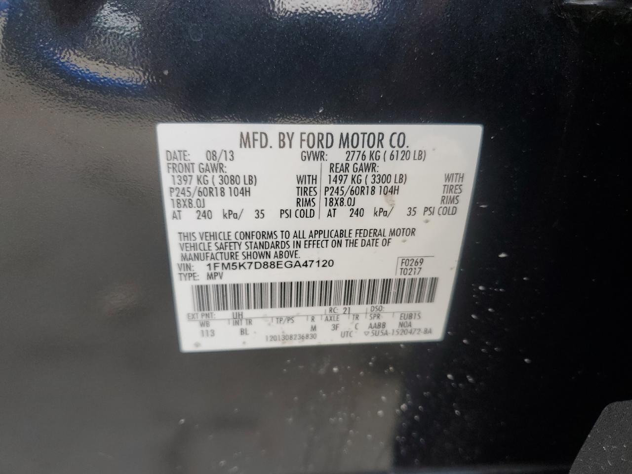 2014 Ford Explorer VIN 1FM5K7D88EGA47120 Copart auction photo, rear end damage thumbnail 14