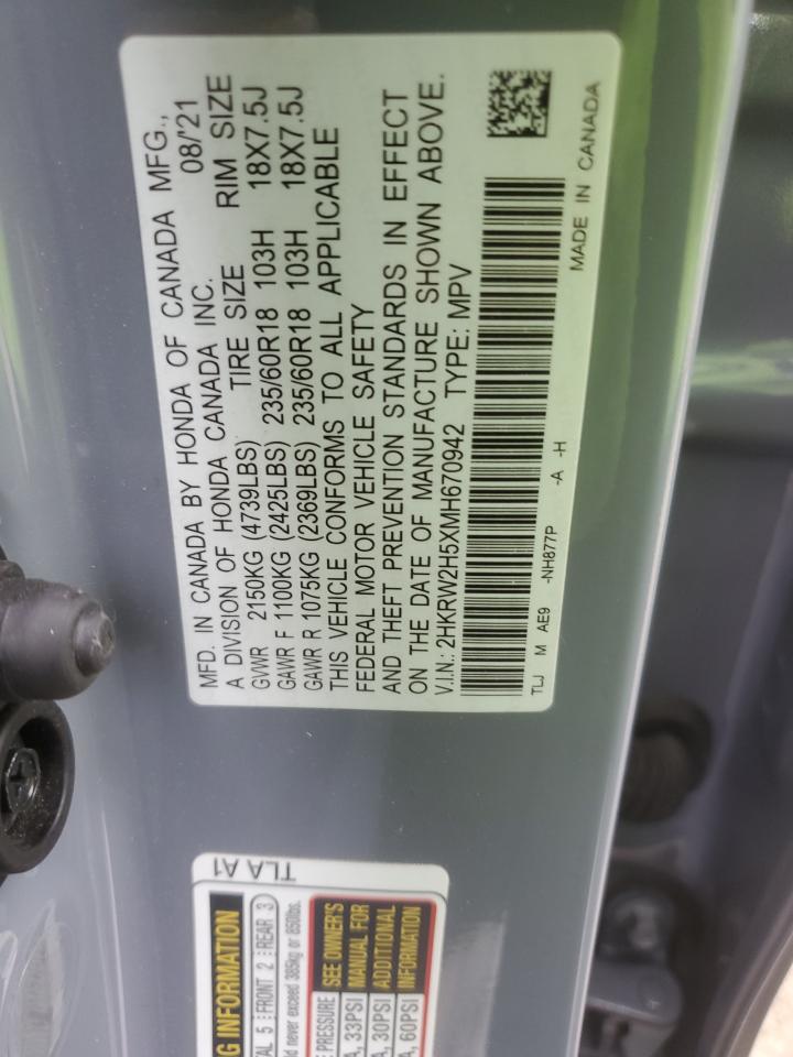 2021 Honda CR-V VIN 2HKRW2H5XMH670942 Copart auction photo, front end / minor dent/scratches damage thumbnail 15