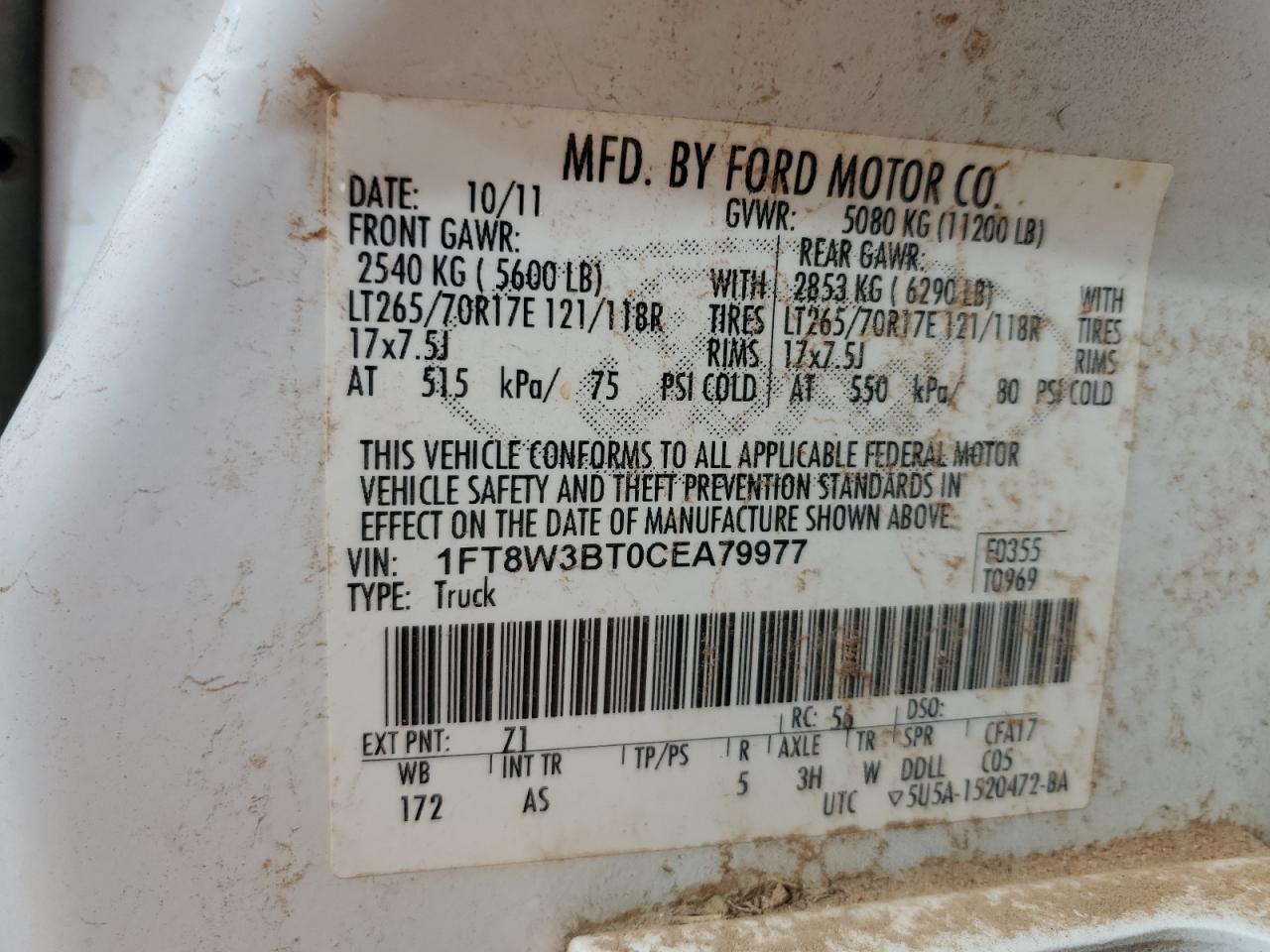 2012 Ford F350 VIN 1FT8W3BT0CEA79977 Copart auction photo, hail / all over damage thumbnail 12