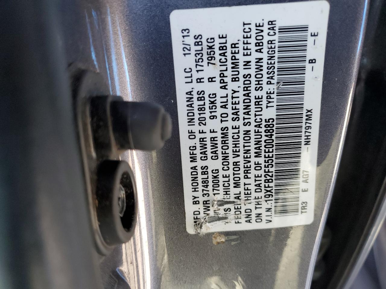 2014 Honda Civic VIN 19XFB2F55EE004885 Copart auction photo, front end / side damage thumbnail 15