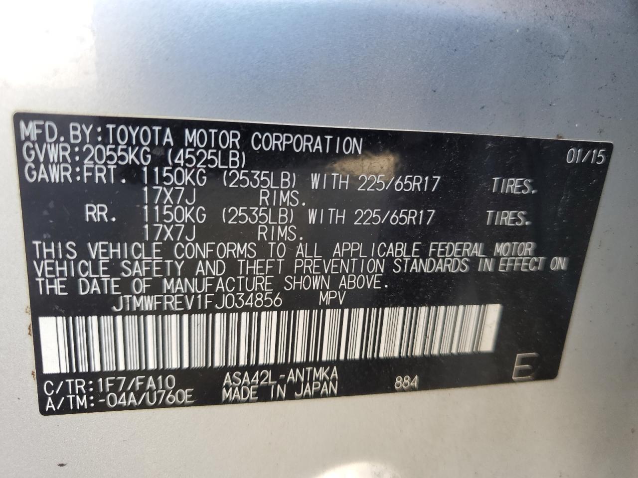 2015 Toyota RAV 4 VIN JTMWFREV1FJ034856 Copart auction photo, front end damage thumbnail 16