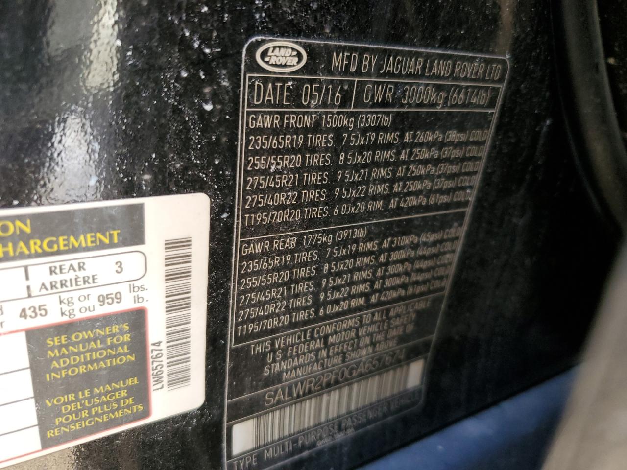 2016 Land Rover Range Rover VIN SALWR2PF0GA657674 Copart auction photo, rear end damage thumbnail 13