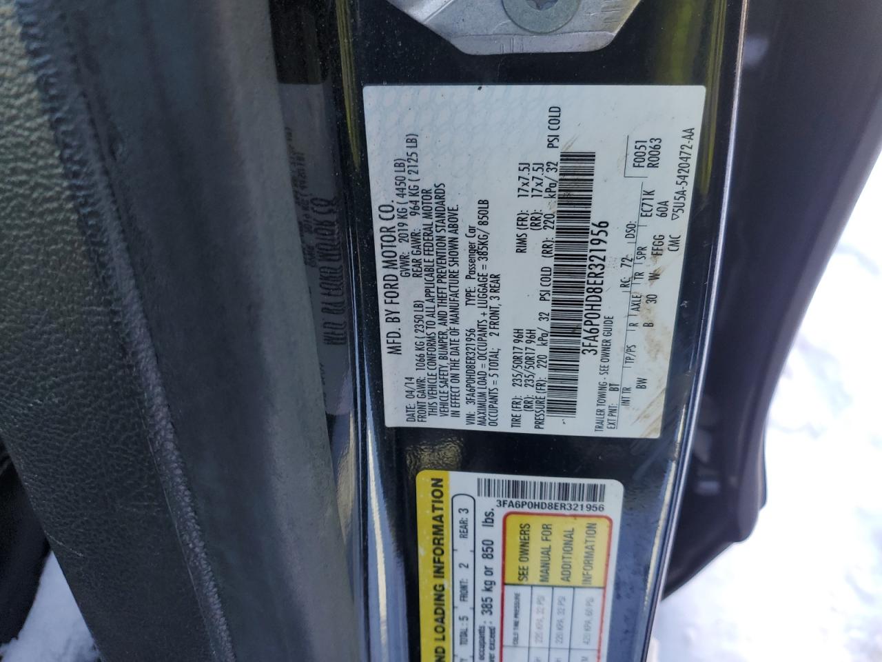 2014 Ford Fusion VIN 3FA6P0HD8ER321956 Copart auction photo, mechanical / minor dent/scratches damage thumbnail 12