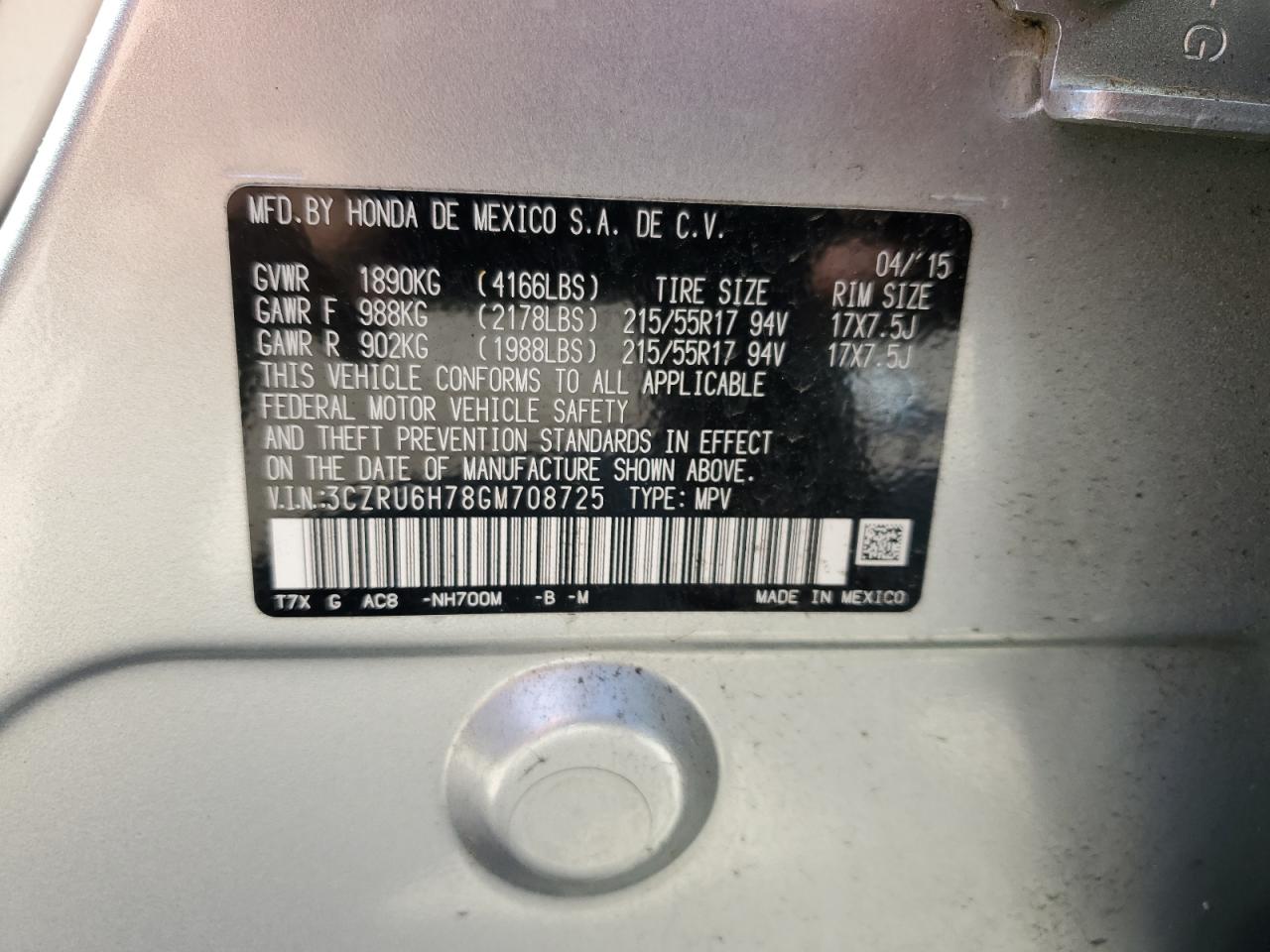 2016 Honda HR-V VIN 3CZRU6H78GM708725 Copart auction photo, rear end / minor dent/scratches damage thumbnail 14
