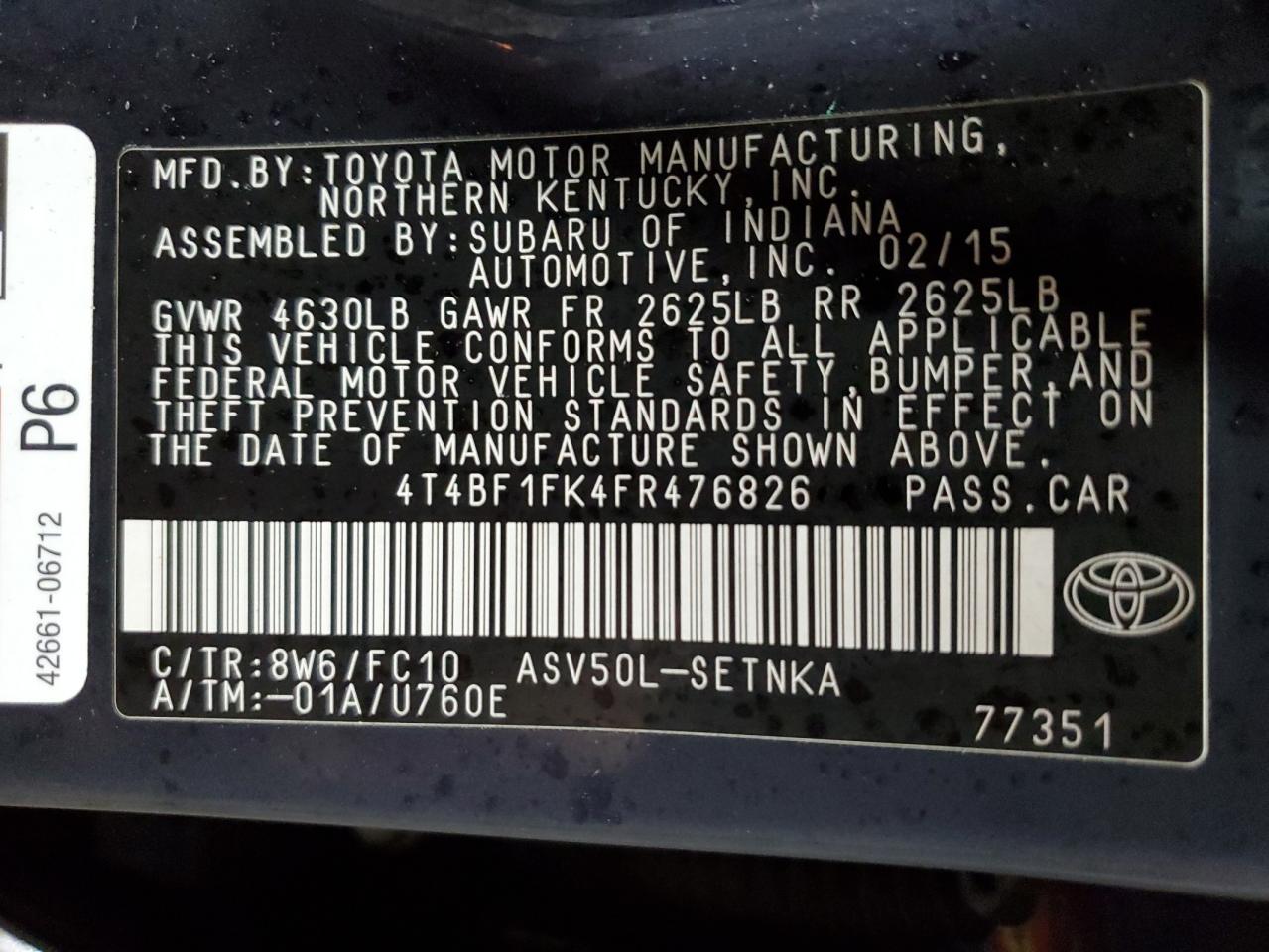 2015 Toyota Camry VIN 4T4BF1FK4FR476826 Copart auction photo, front end / side damage thumbnail 14