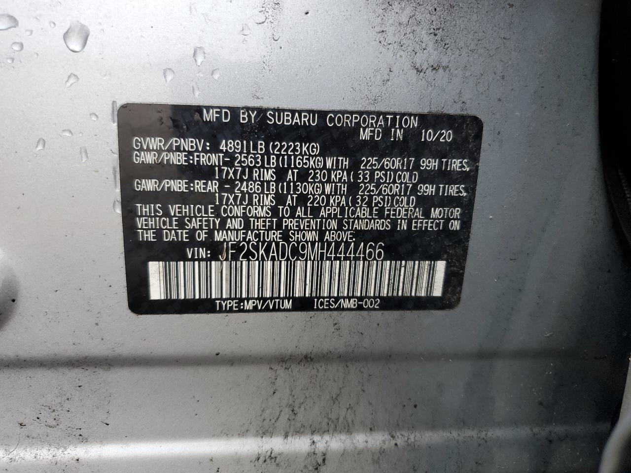 2021 Subaru Forester VIN JF2SKADC9MH444466 Copart auction photo, side / rear end damage thumbnail 13