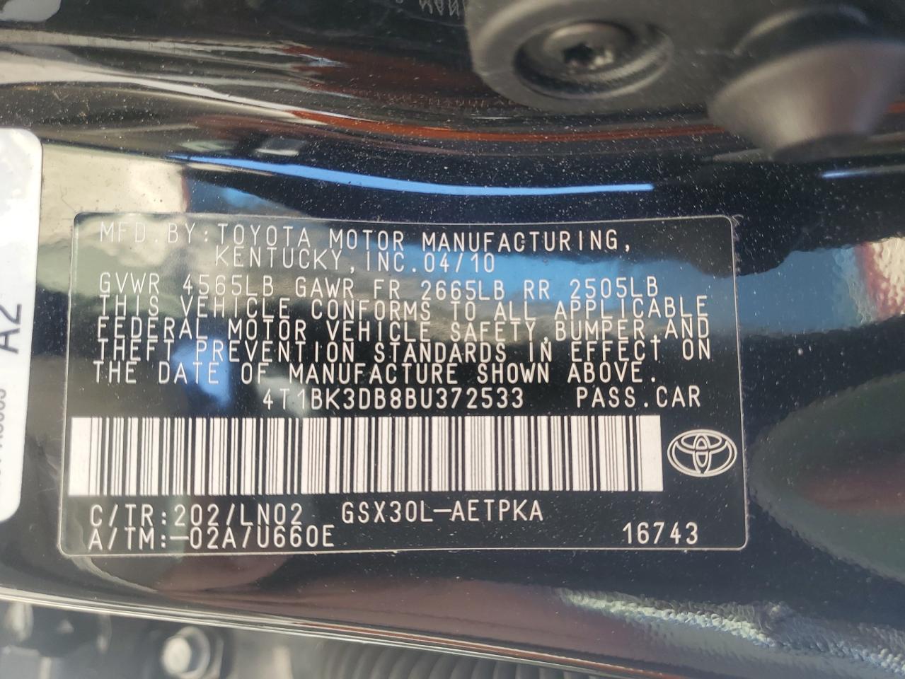 2011 Toyota Avalon VIN 4T1BK3DB8BU372533 Copart auction photo, front end / minor dent/scratches damage thumbnail 12