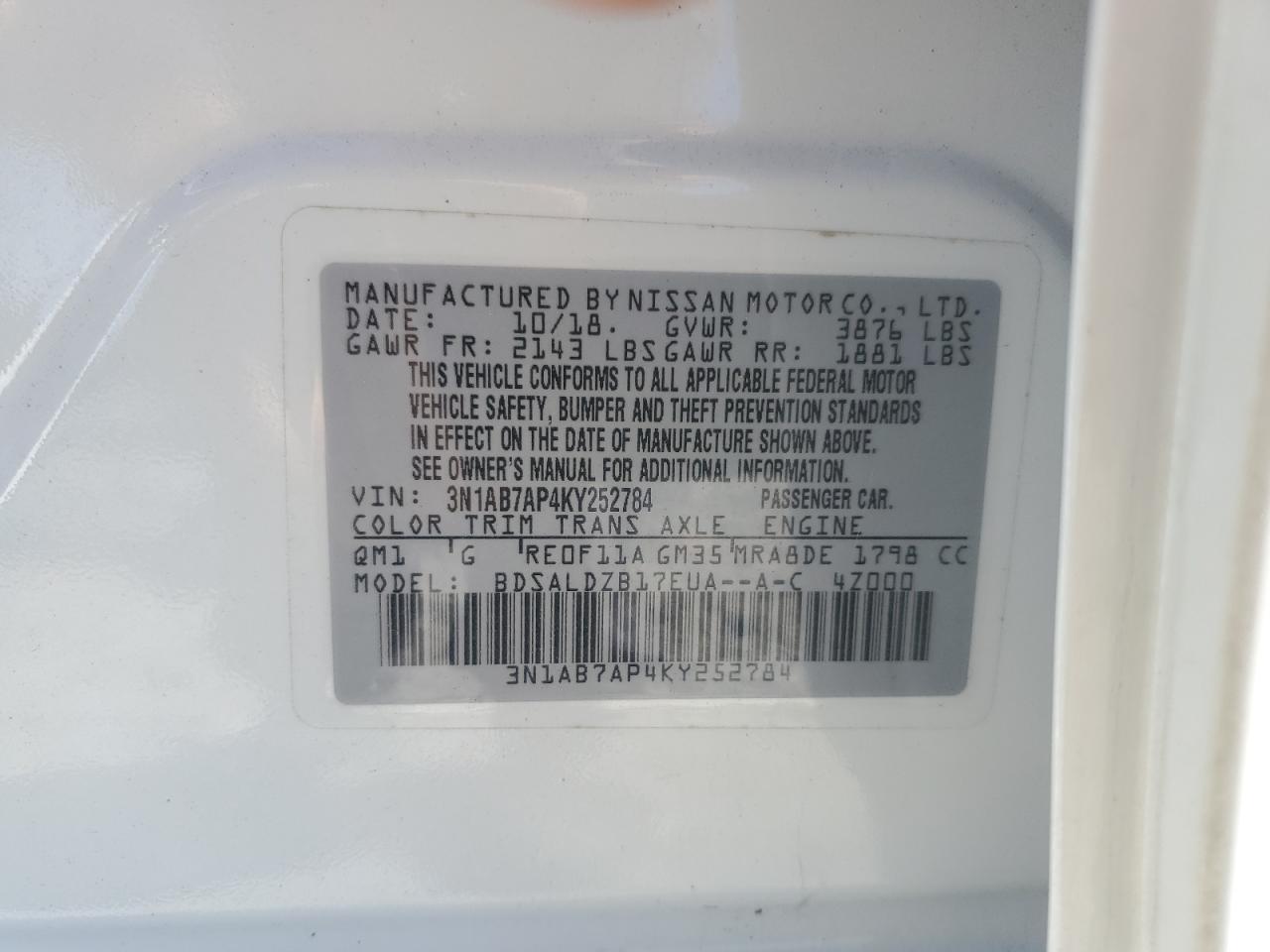 2019 Nissan Sentra VIN 3N1AB7AP4KY252784 Copart auction photo, front end / side damage thumbnail 13