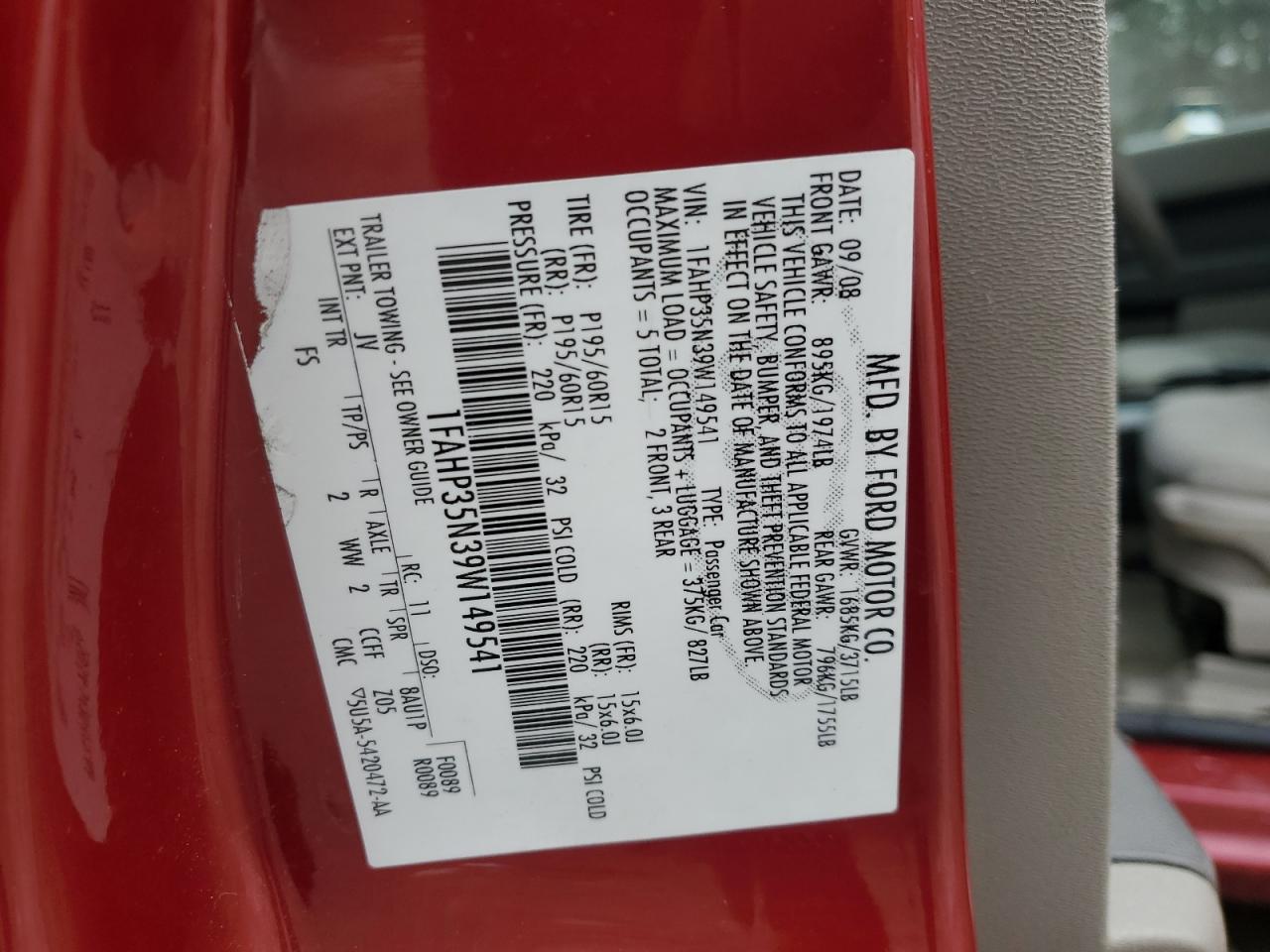 2009 Ford Focus VIN 1FAHP35N39W149541 Copart auction photo, front end / undercarriage damage thumbnail 13