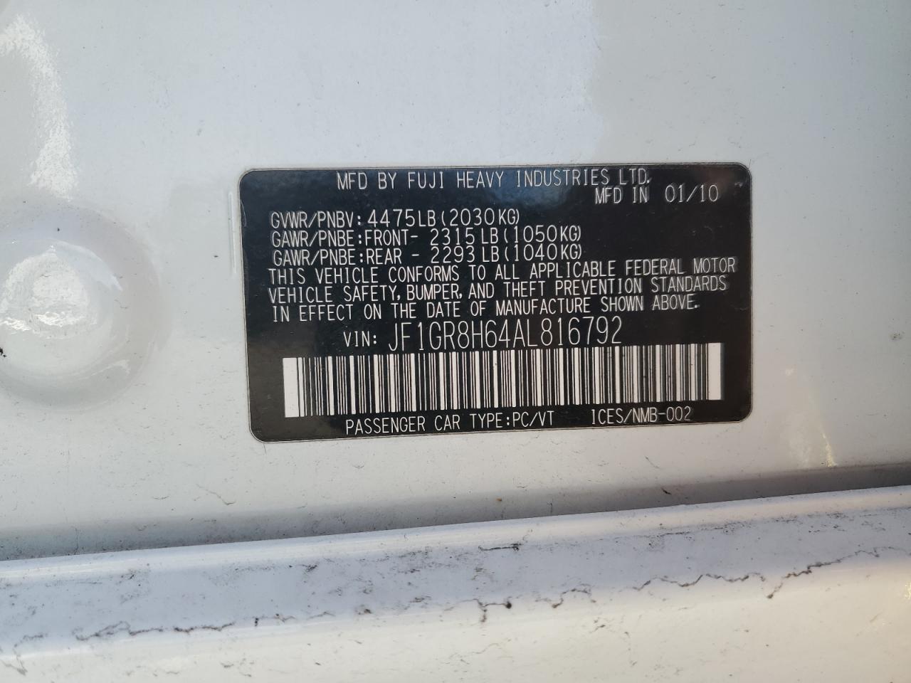 2010 Subaru WRX VIN JF1GR8H64AL816792 Copart auction photo, front end damage thumbnail 15