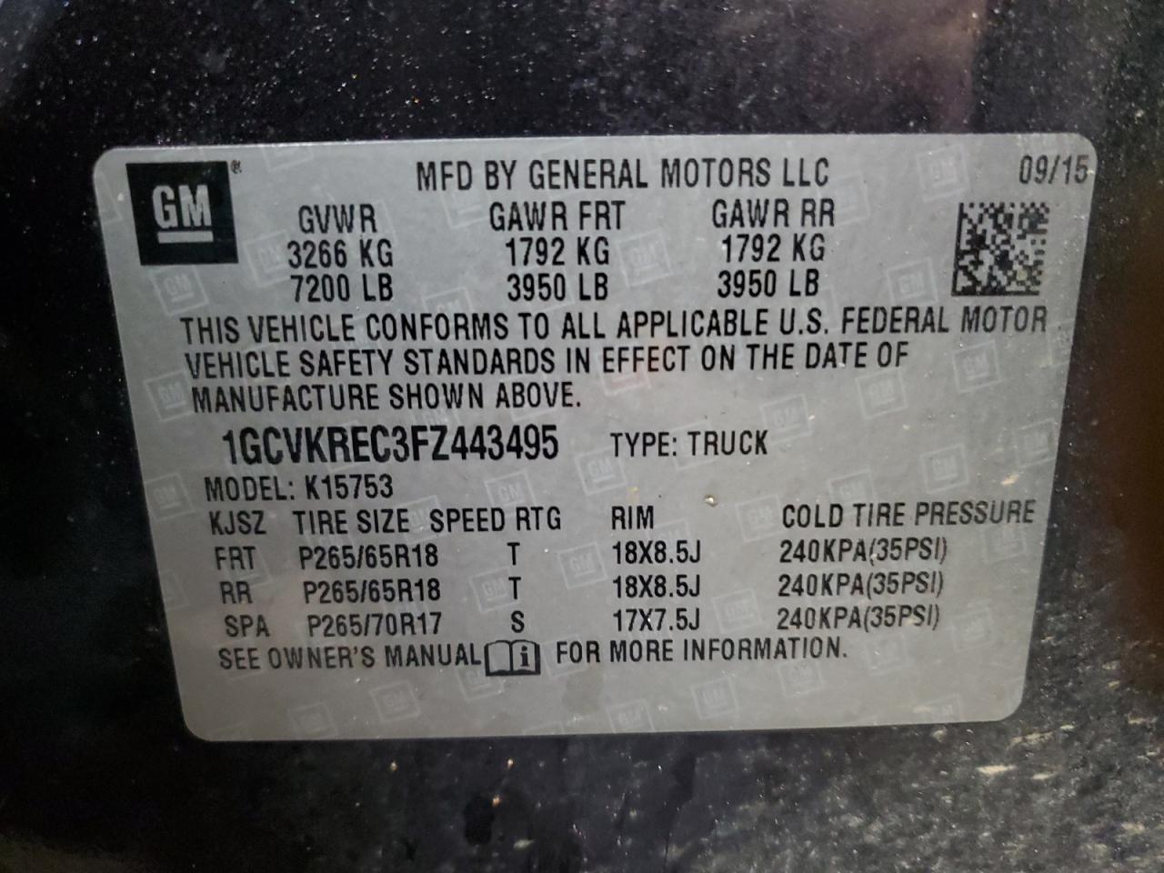 2015 Chevrolet Silverado VIN 1GCVKREC3FZ443495 Copart auction photo, front end / minor dent/scratches damage thumbnail 12