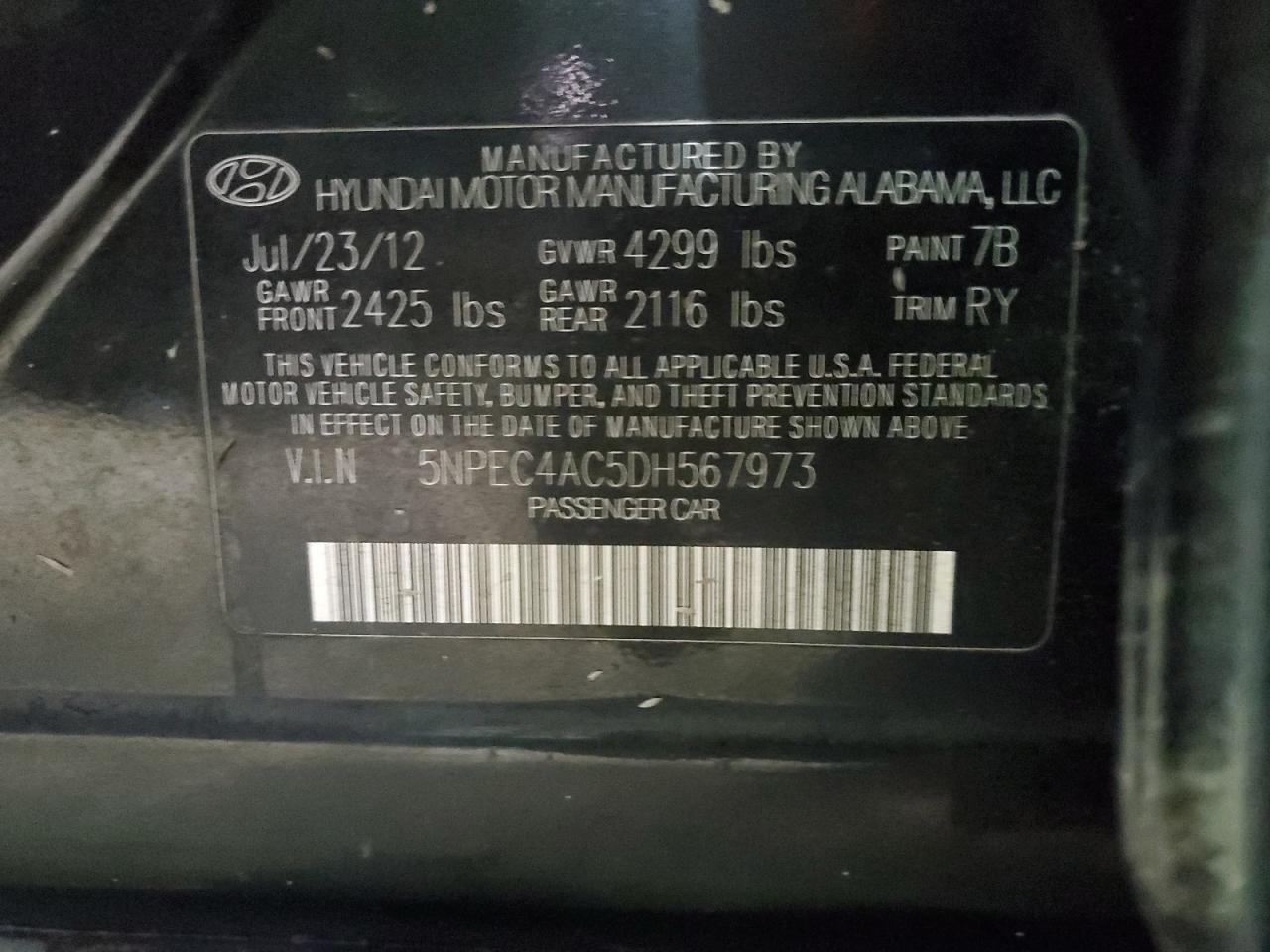 2013 Hyundai Sonata VIN 5NPEC4AC5DH567973 Copart auction photo, water/flood damage thumbnail 13