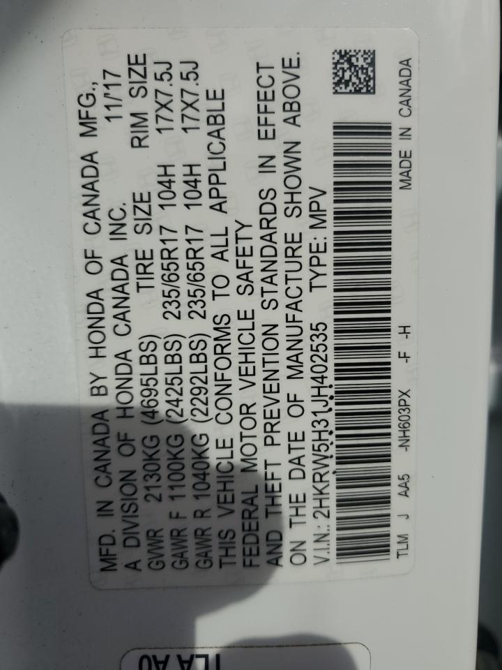 2018 Honda CR-V VIN 2HKRW5H31JH402535 Copart auction photo, water/flood damage thumbnail 14