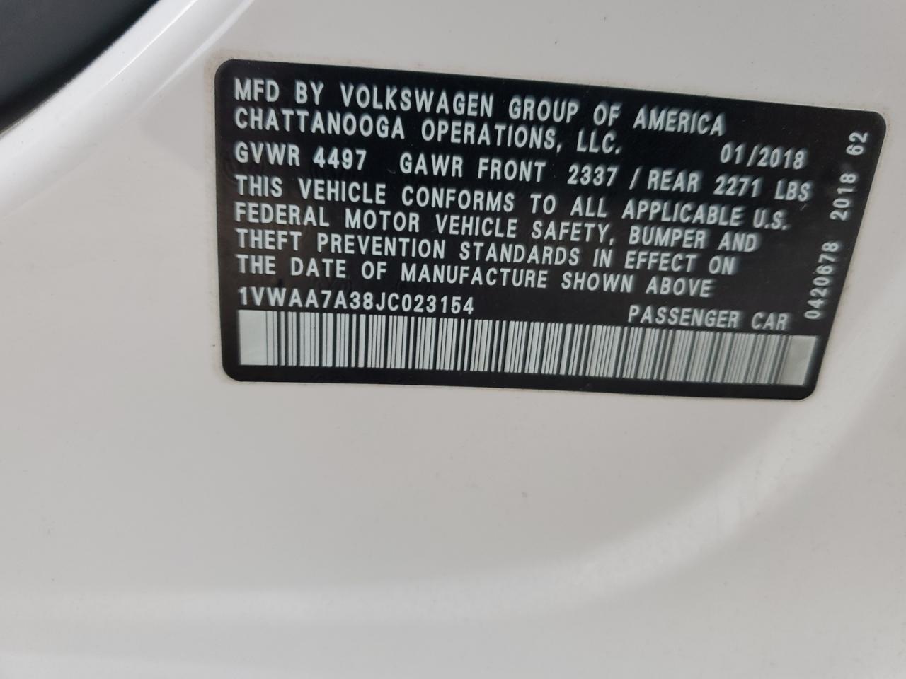 2018 Volkswagen Passat VIN 1VWAA7A38JC023154 Copart auction photo, front end damage thumbnail 13