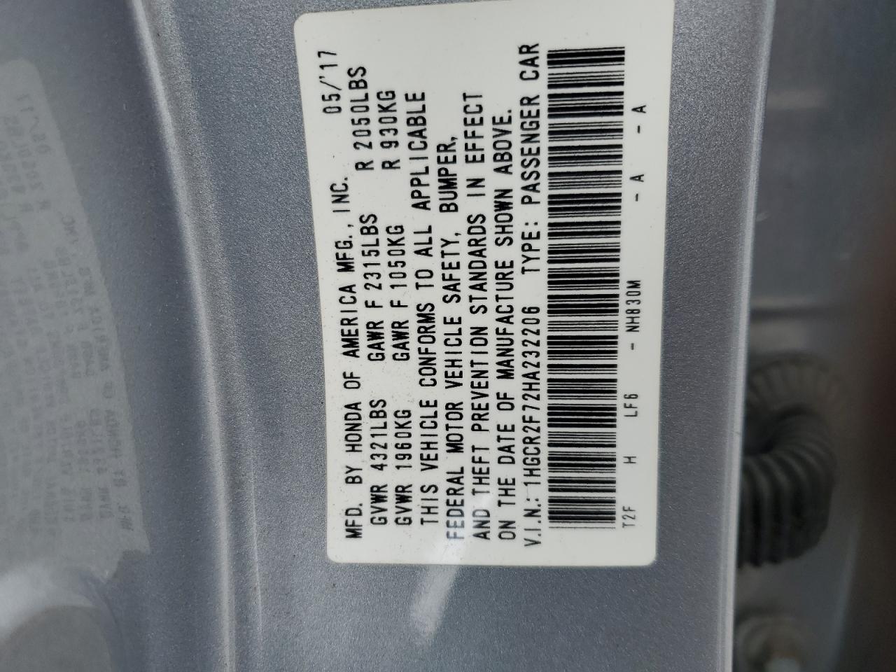 2017 Honda Accord VIN 1HGCR2F72HA232206 Copart auction photo, rear end damage thumbnail 13