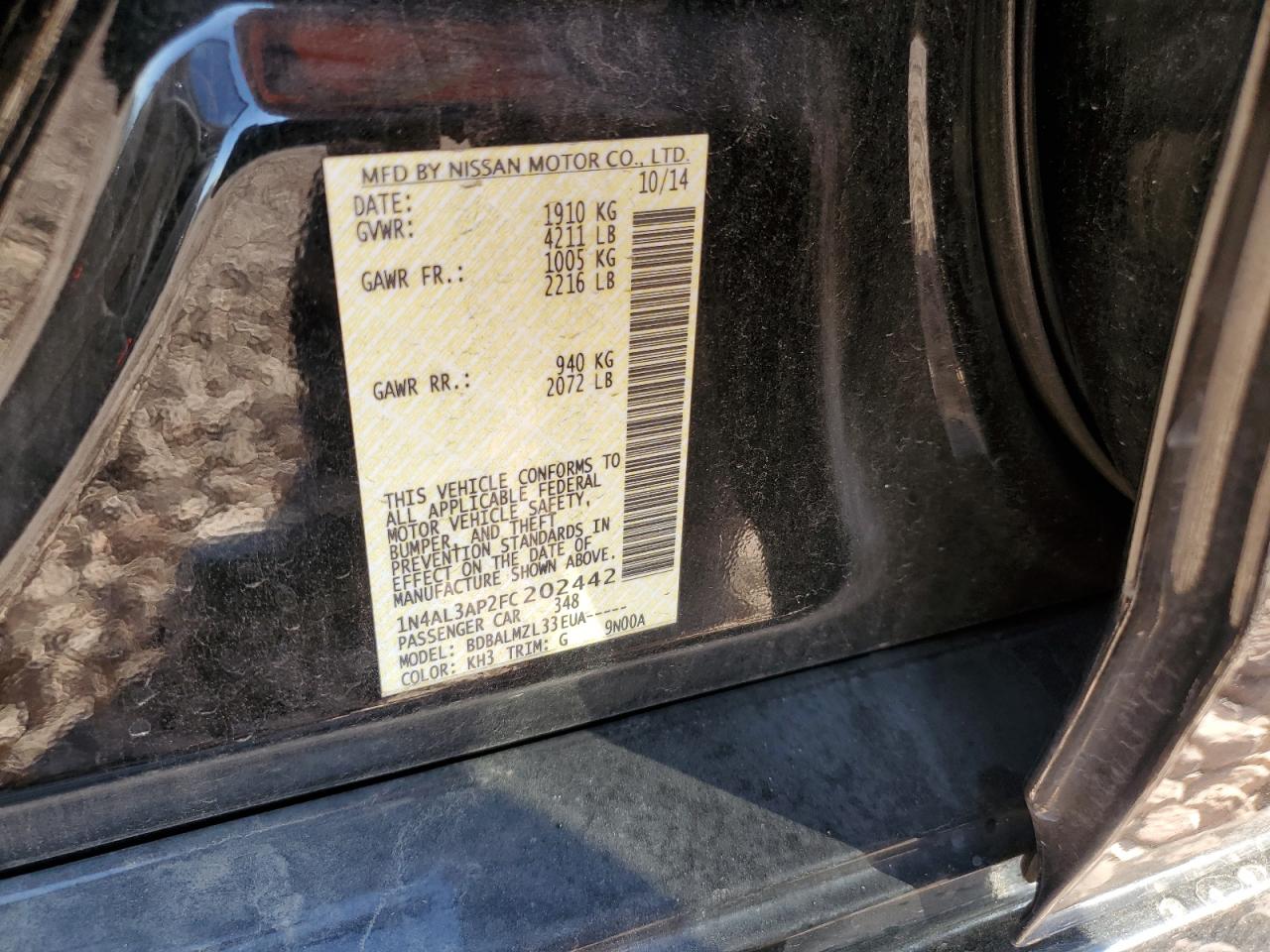 2015 Nissan Altima VIN 1N4AL3AP2FC202442 Copart auction photo, rear end / front end damage thumbnail 13