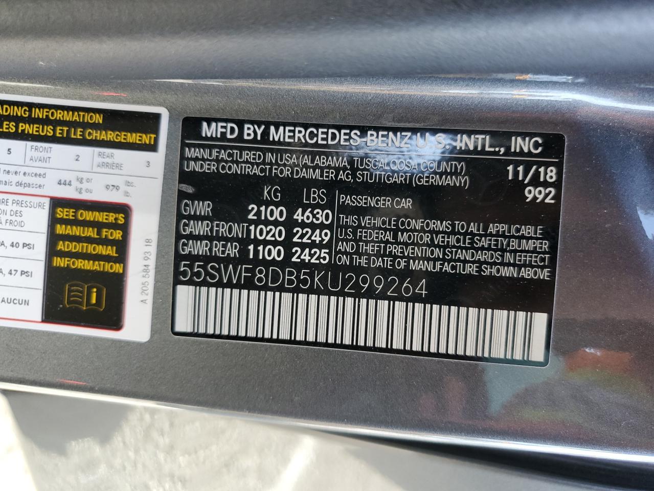 2019 Mercedes-Benz C-klasse VIN 55SWF8DB5KU299264 Copart auction photo, front end damage thumbnail 12