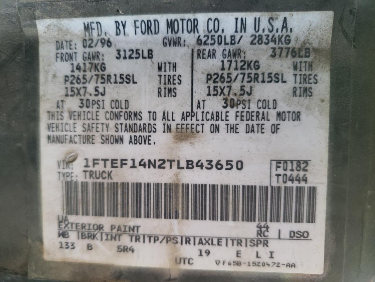 1996 Ford F-150 VIN 1FTEF14N2TLB43650 Copart auction photo, all over damage thumbnail 10